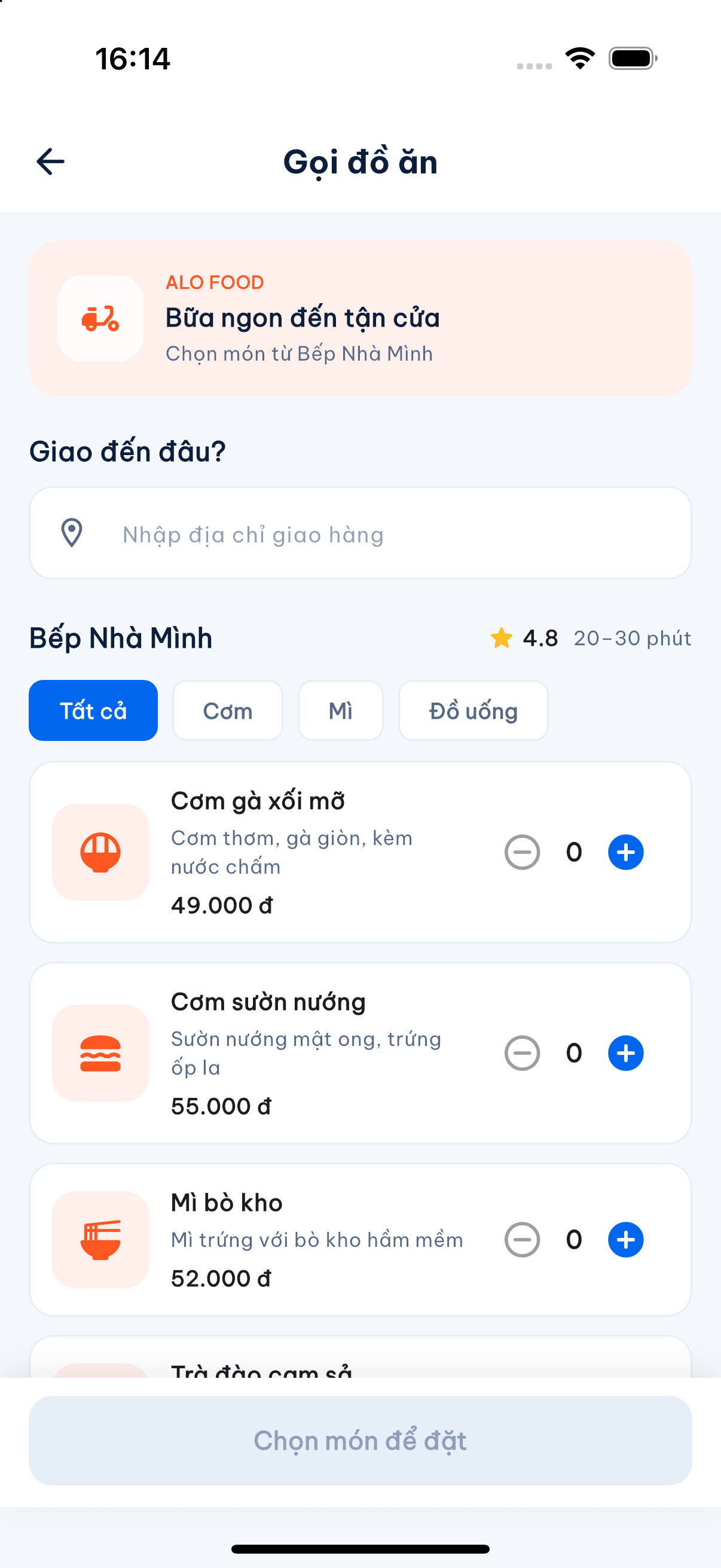Giao diện đặt đồ ăn Alo Food trên iPhone 16 Pro