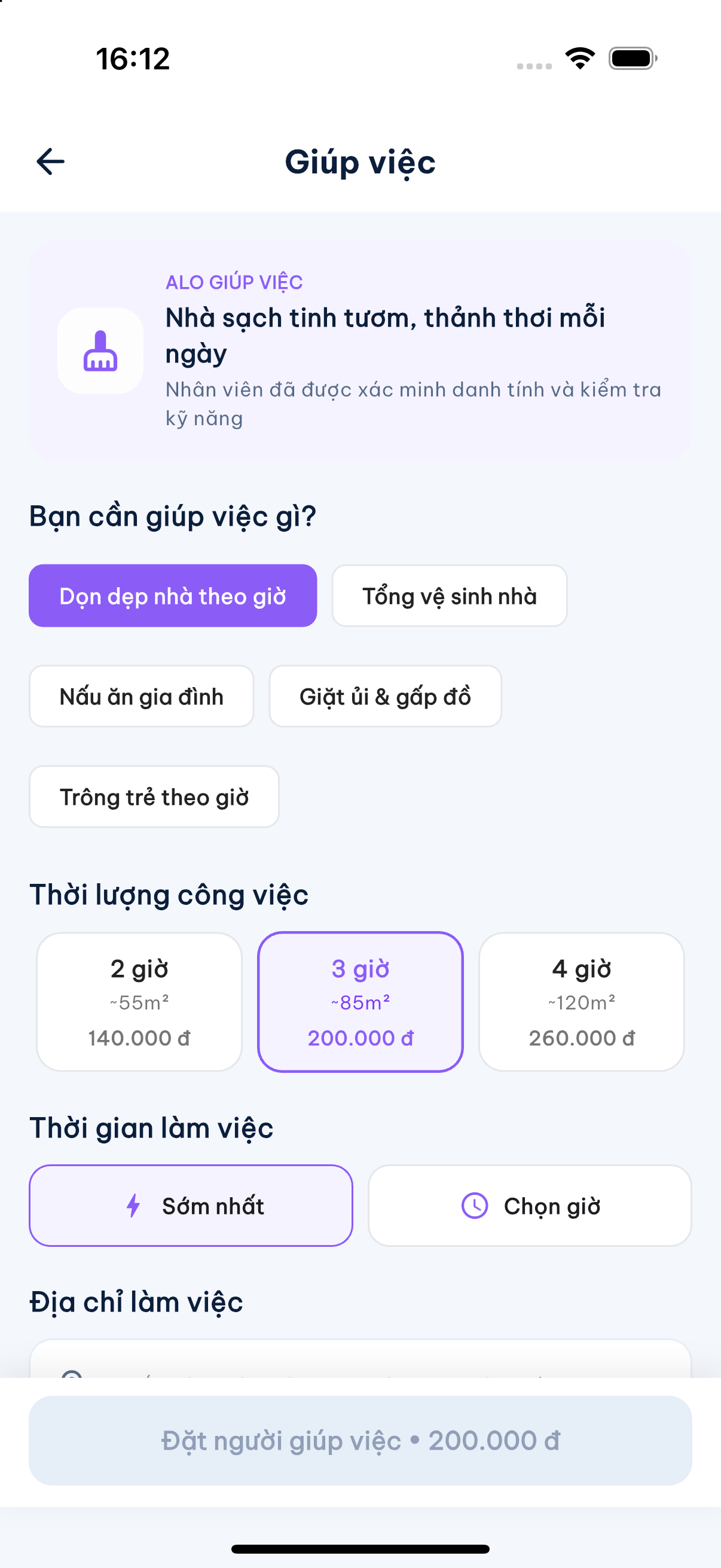 Giao diện đặt người giúp việc theo giờ Alo Maid trên iPhone 16 Pro