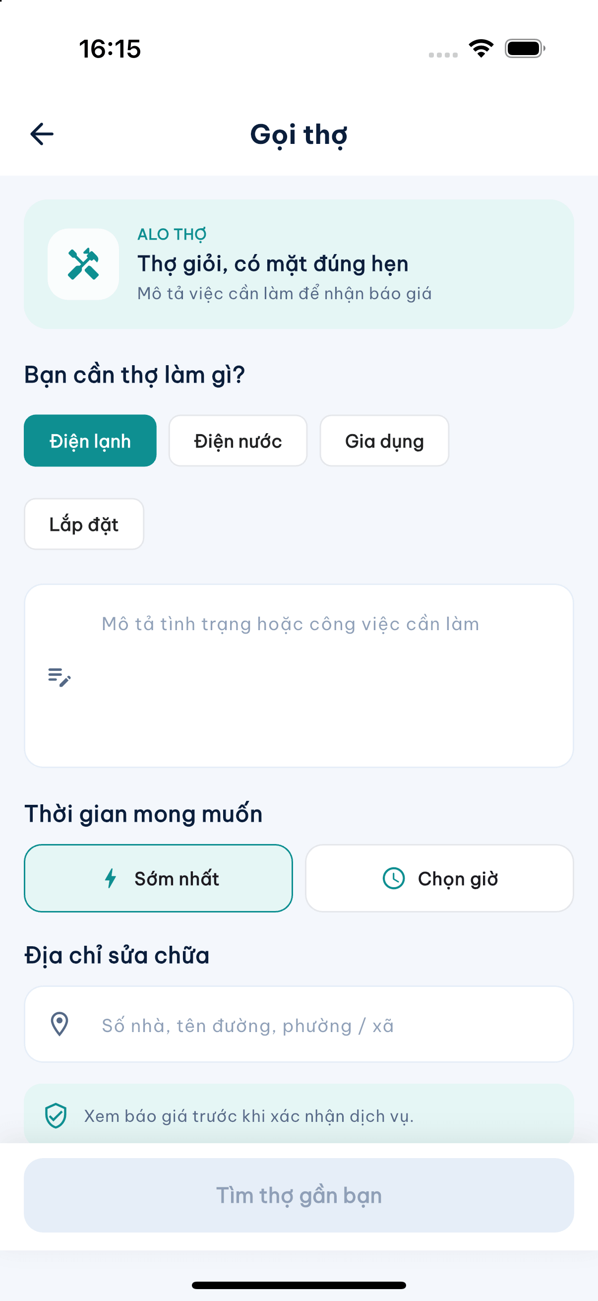 Giao diện đặt thợ sửa chữa Alo Thợ trên iPhone 16 Pro