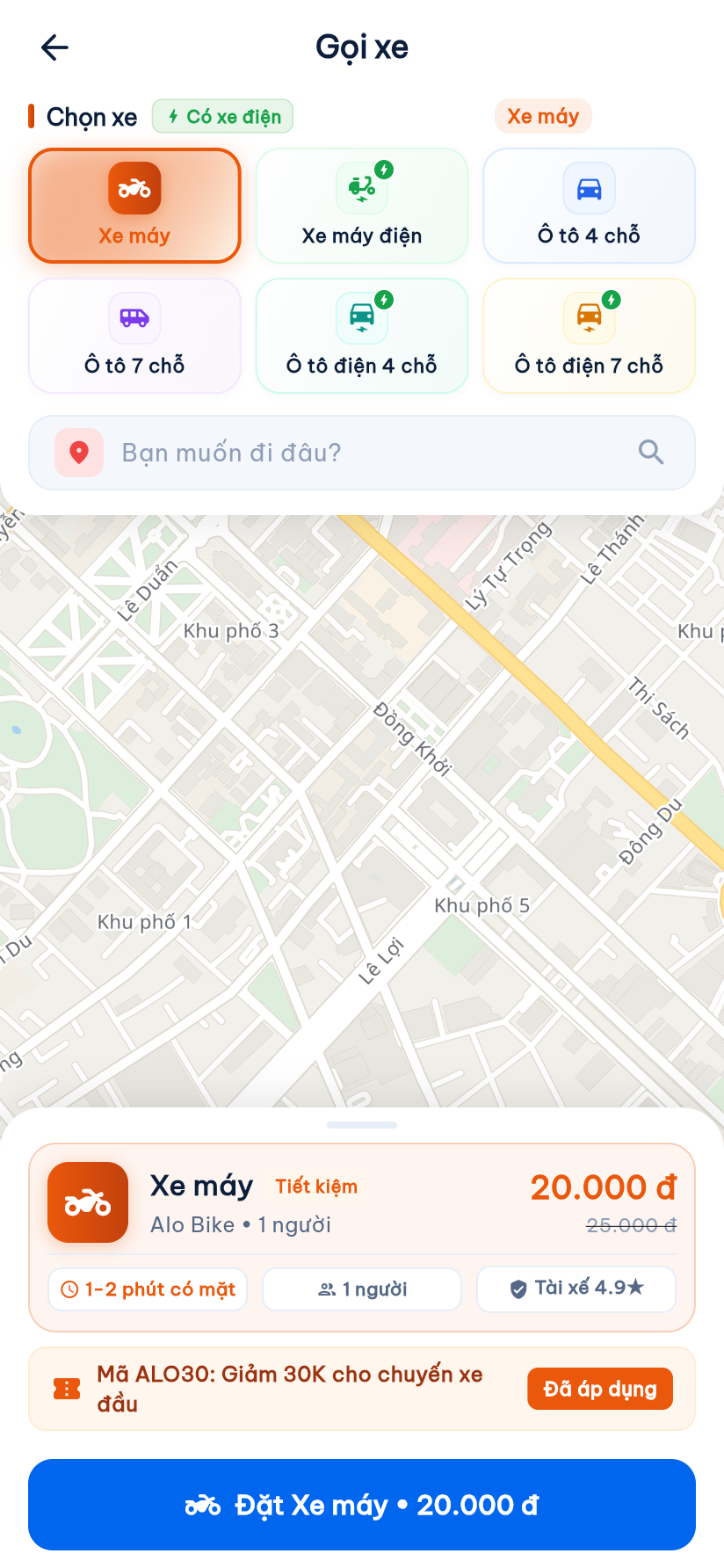 Màn hình đặt xe khách hàng AloTa